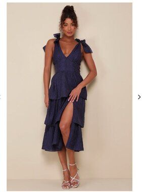 Lulu's Blissful Direction Navy Tie-Strap Clip Dot Bustier Midi Dress